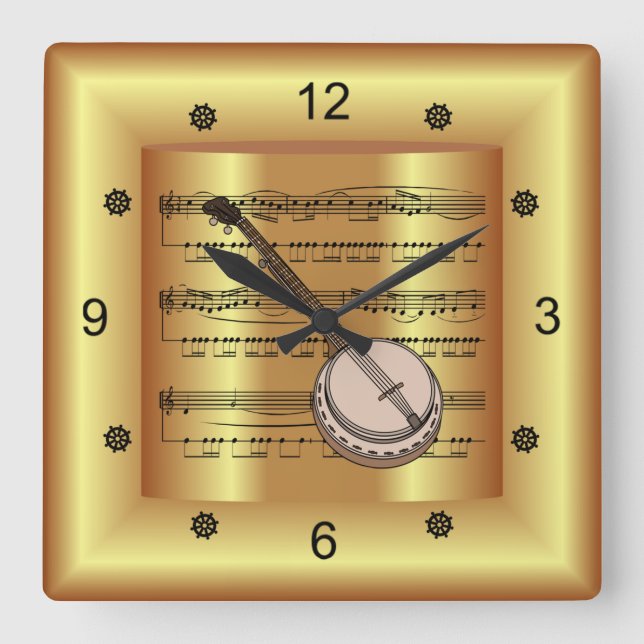 Banjo ~ Curved Sheet Music ~ Gold Background ~ Square Wall Clock (Front)