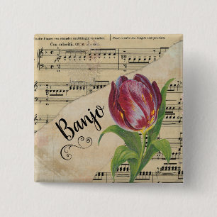 Banjo Elegant Tulip Vintage Sheet Music 15 Cm Square Badge