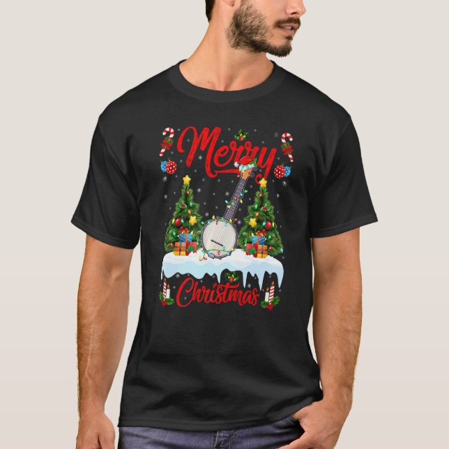 Banjo Music  Lights Xmas Tree Santa Banjo Christma T-Shirt (Front)
