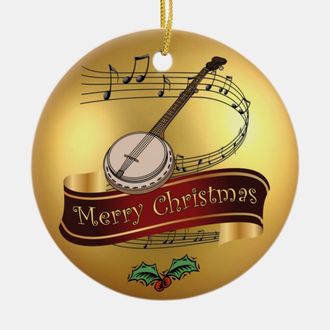 Banjo ~ Musical Scroll ~ Gold Merry Christmas ~ Ceramic Tree Decoration (Front)
