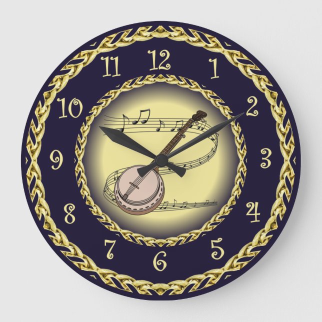 Banjo ~ Musical Scroll ~ Gold/Navy Blue ~  Large Clock (Front)