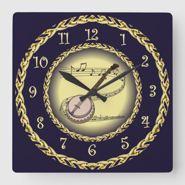 Banjo ~ Musical Scroll ~ Gold/Navy Blue ~  Square Wall Clock (Front)