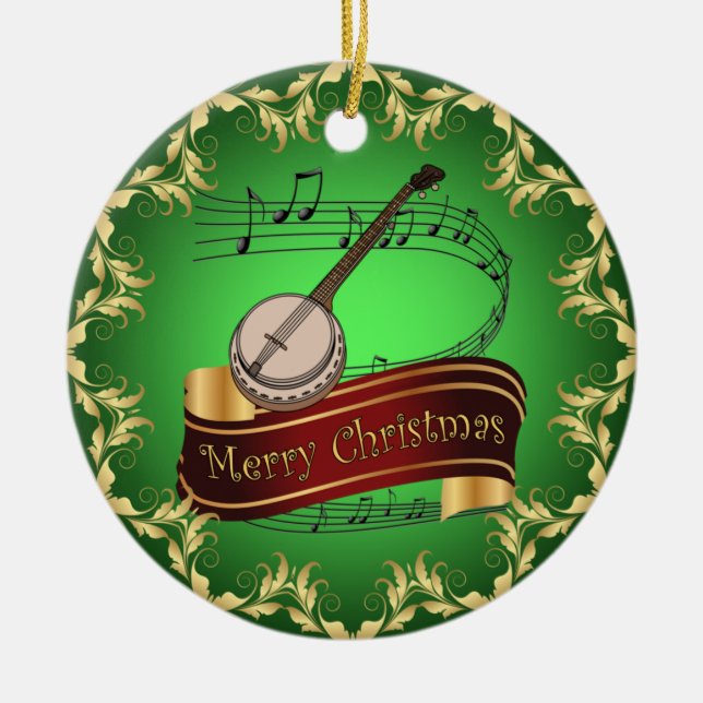 Banjo ~ Musical Scroll ~ Merry Christmas ~ * ~  Ceramic Tree Decoration (Front)