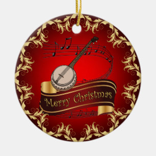 Banjo ~ Musical Scroll ~ Merry Christmas ~ * ~  Ceramic Tree Decoration