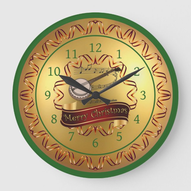 Banjo ~ Musical Scroll ~ “Merry Christmas”  Large Clock (Front)