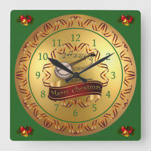 Banjo ~ Musical Scroll ~ “Merry Christmas”  Square Wall Clock