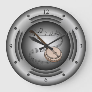 Banjo ~ Musical Scroll ~ Silver Speaker ~ Large Clock