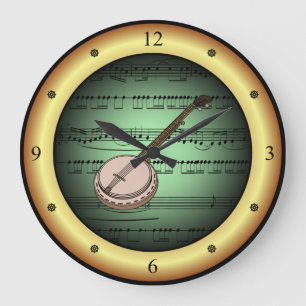 Banjo on Sheet Music ~ Green on Gold Background ~ Large Clock
