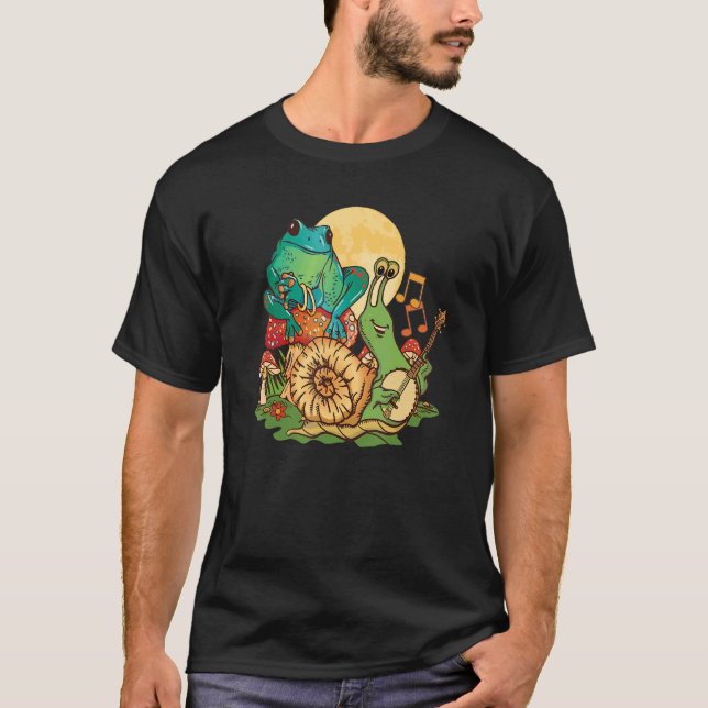 Banjo Playing Snail With Frog Sitting On Mushroom T-Shirt (Front)