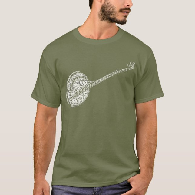 Banjo Shaped Word Art White Text T-Shirt (Front)