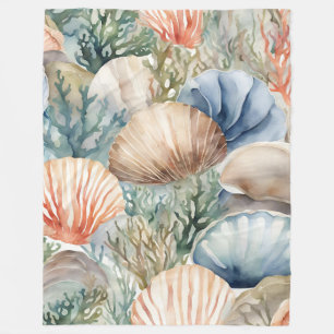 Banket Beige Blue Coral Seashells Coastal Sealife Fleece Blanket