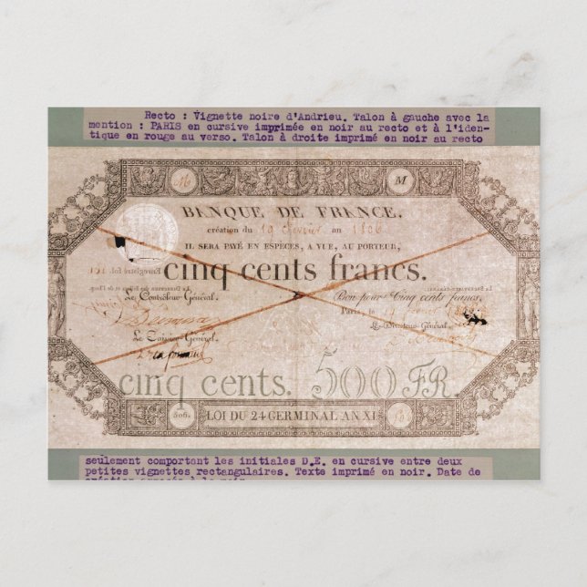 Banknote for 500 francs from the 24th Germinal Postcard (Front)