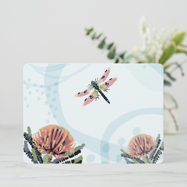Banksia Flower Dragonfly Art Invitation (Standing Front)