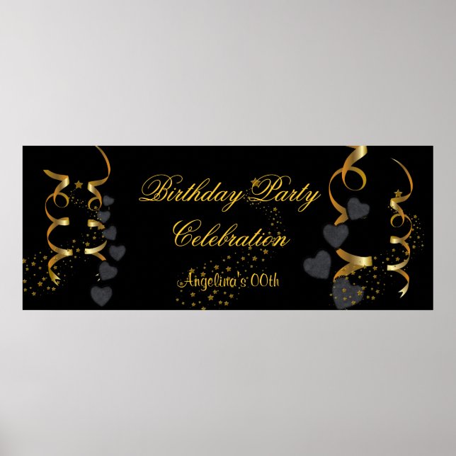 Banner Birthday Party Celebration Black Gold Poster (Front)