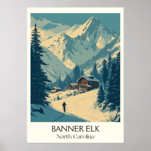 Banner Elk NC Vintage Mountain Winter Village Art Poster