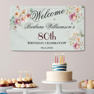 Banner Watercolor Floral 80th Birthday Welcome 