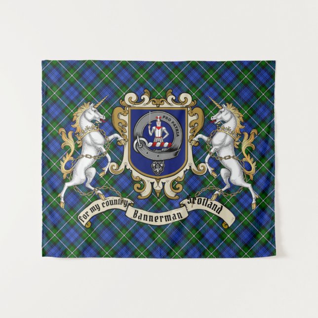 Bannerman Clan Badge & Unicorns w/Tartan Tapestry (Front (Horizontal))