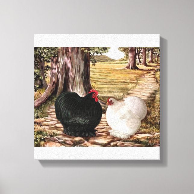 Bantam Cochin Rooster and Hen in Wooded Setting Canvas Print (Front)