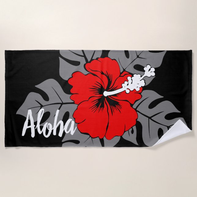 Banzai Beach Hawaiian Hibiscus Floral - Black Towel (Front)