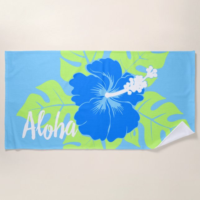 Banzai Beach Hawaiian Hibiscus Floral - Blue Beach Towel (Front)