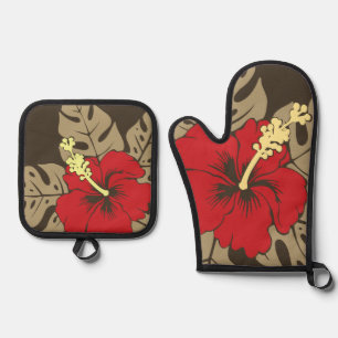 Banzai Beach Hawaiian Hibiscus Floral Brown Oven Mitt & Pot Holder Set