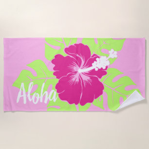 Banzai Beach Hawaiian Hibiscus Floral - Pink Beach Towel