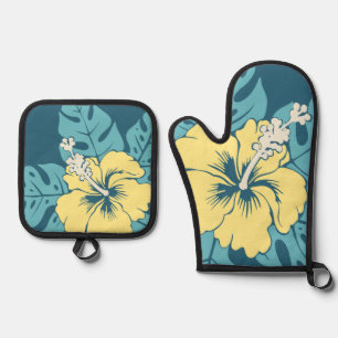 Banzai Beach Hawaiian Hibiscus Floral Teal Oven Mitt & Pot Holder Set