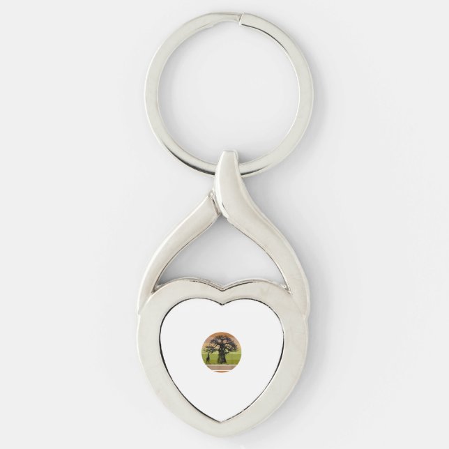 Baobab Tree and Giraffe Retro African Sunset  Key Ring (Front)