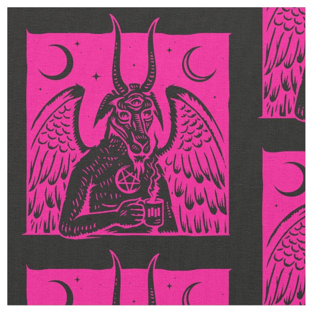 baphomet pentagram moon coffee demon hot pink  fabric (Close Up)