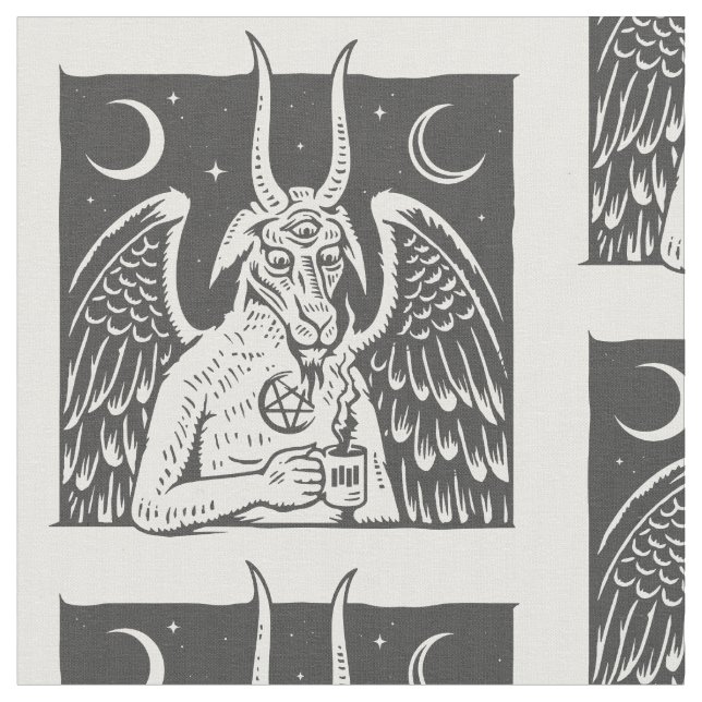 baphomet pentagram moon coffee demon white fabric (Close Up)