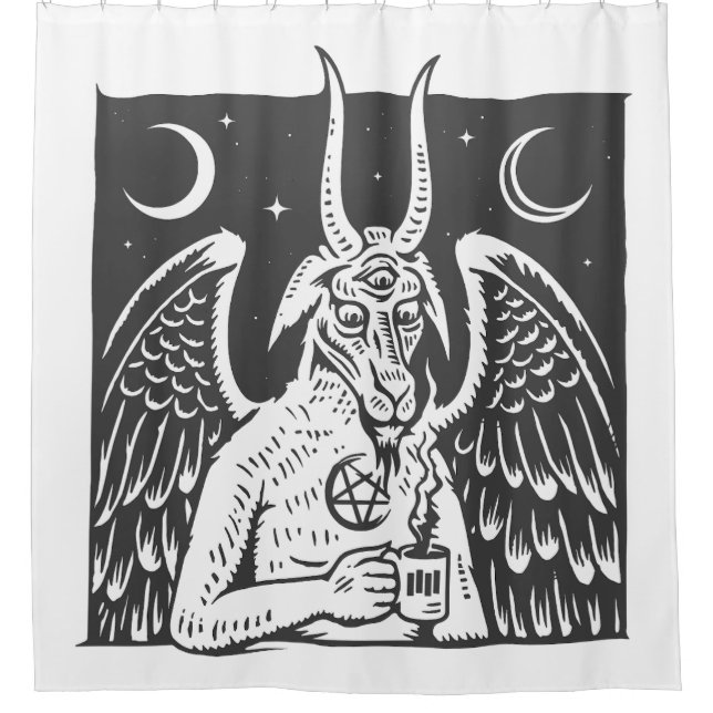 baphomet pentagram moon coffee demon white shower curtain (Front)