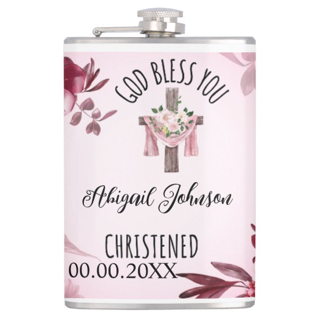 Baptised Christened Name Date God Bless You Custom Hip Flask (Front)
