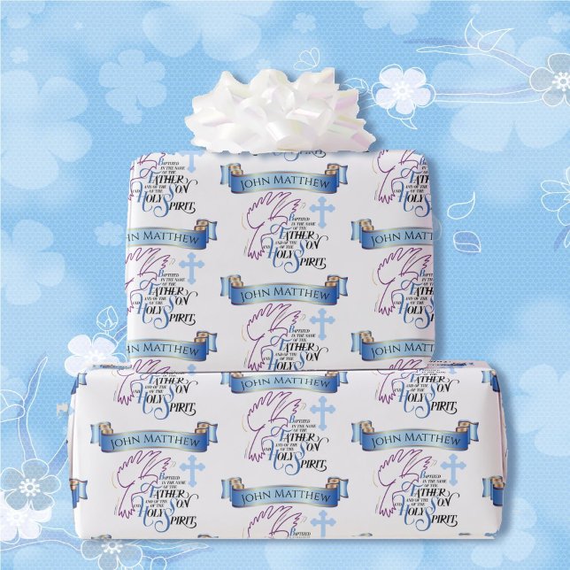 Baptised Holy Spirit Boy's Blue White Cross Dove Wrapping Paper (Creator Uploaded)