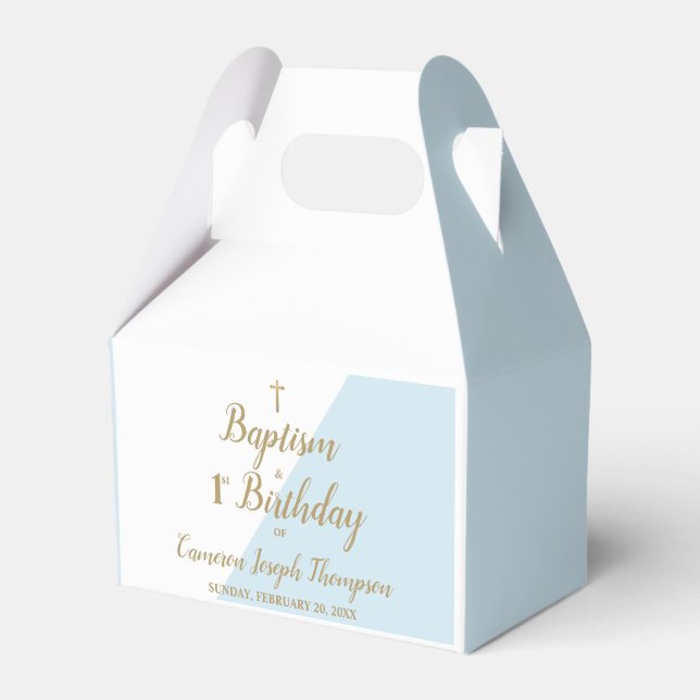 Baptism 1st birthday baby boy blue gold thank you favour box (Front Side)
