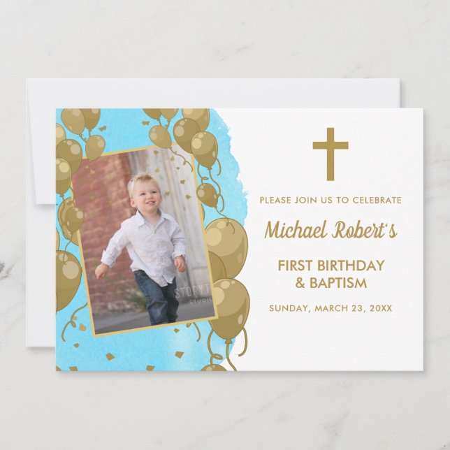 Baptism 1st Birthday Blue Gold Text Photo Invitation (Front)