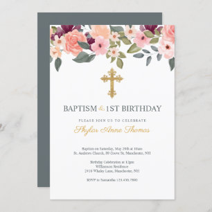 Baptism & 1st Birthday Blush Watercolor Florals Invitation