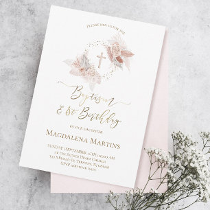 Baptism & 1st Birthday boho flowers Invitation