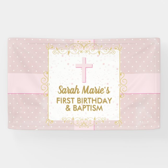 Baptism 1st Birthday Girl Pink Gold Text Polka Dot Banner (Horizontal)