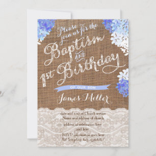 Baptism 1st Birthday Invites, Blue White Florals Invitation
