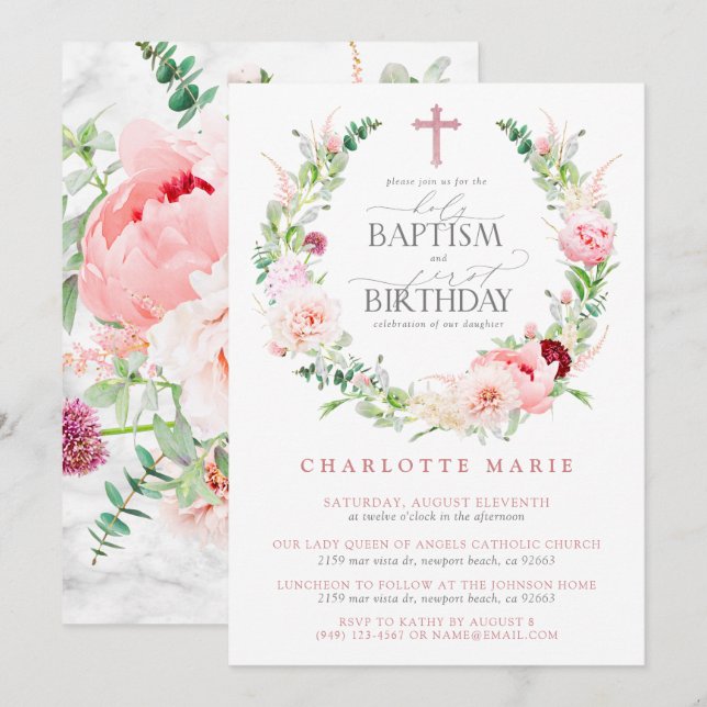 Baptism 1st Birthday Pink Floral Marble Cross Girl Invitation (Front/Back)