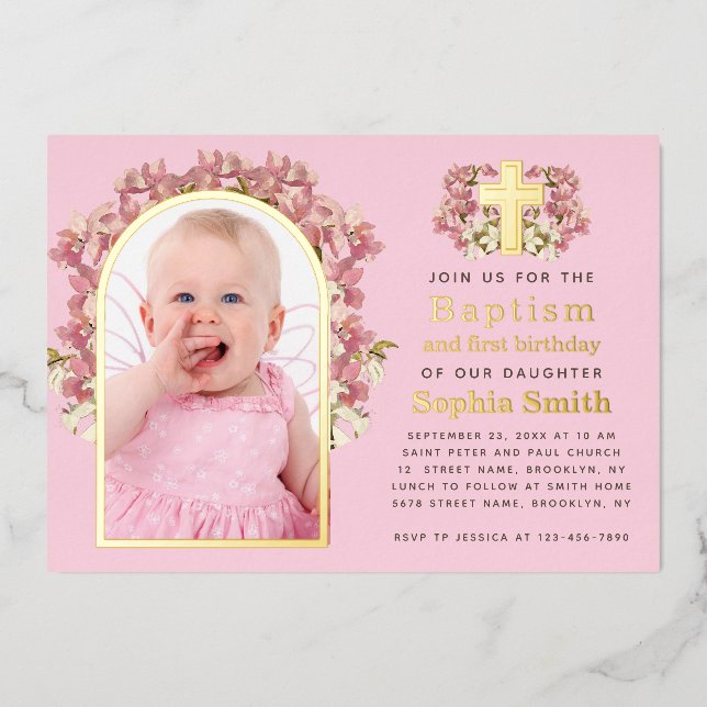 Baptism 1st Birthday Pink Girl Photo Arch Orchids  (Front)
