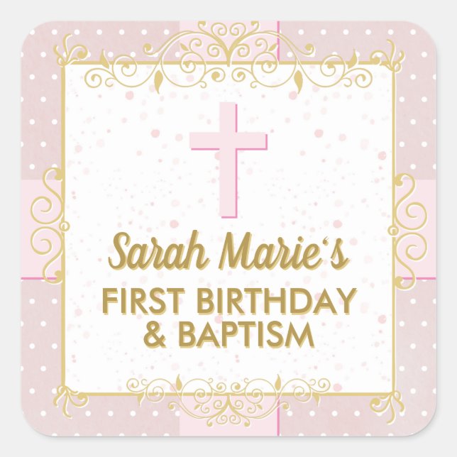 Baptism 1st Birthday Pink Gold Text Polka Dot Square Sticker (Front)