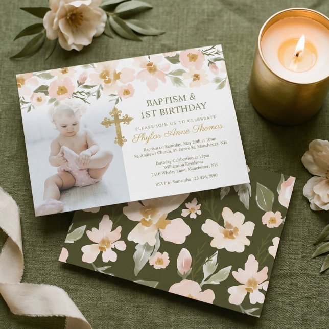 Baptism & 1st Birthday Watercolor Florals Photo Invitation (Photo Baptism & 1st Birthday Watercolor Florals Invitation)