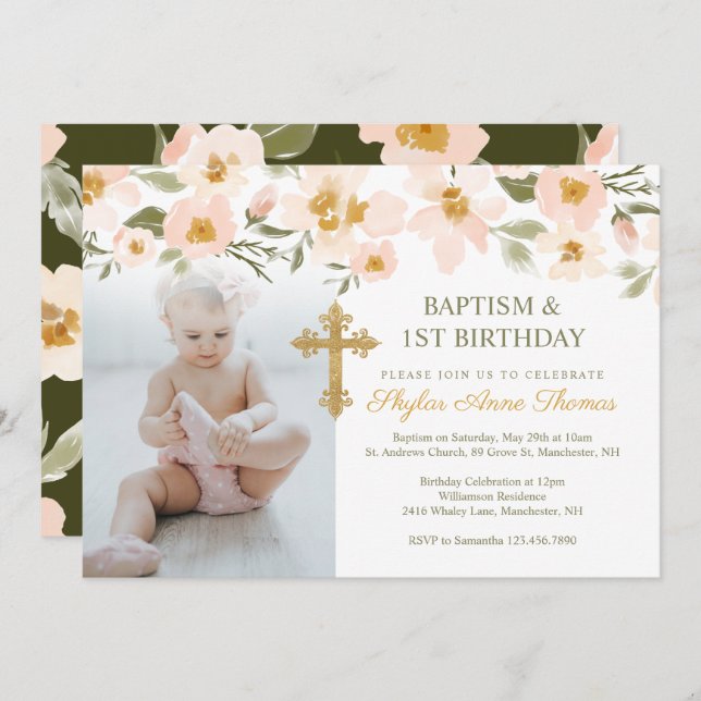 Baptism & 1st Birthday Watercolor Florals Photo Invitation (Front/Back)