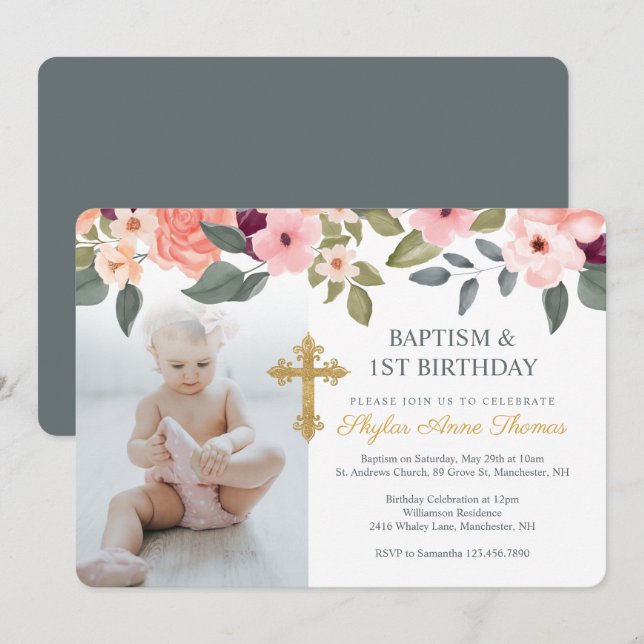 Baptism & 1st Birthday Watercolor Flowers Photo Invitation (Front/Back)