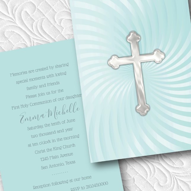 Baptism 1st Communion Confirmation Aqua Pearl Invitation (Creator Uploaded)
