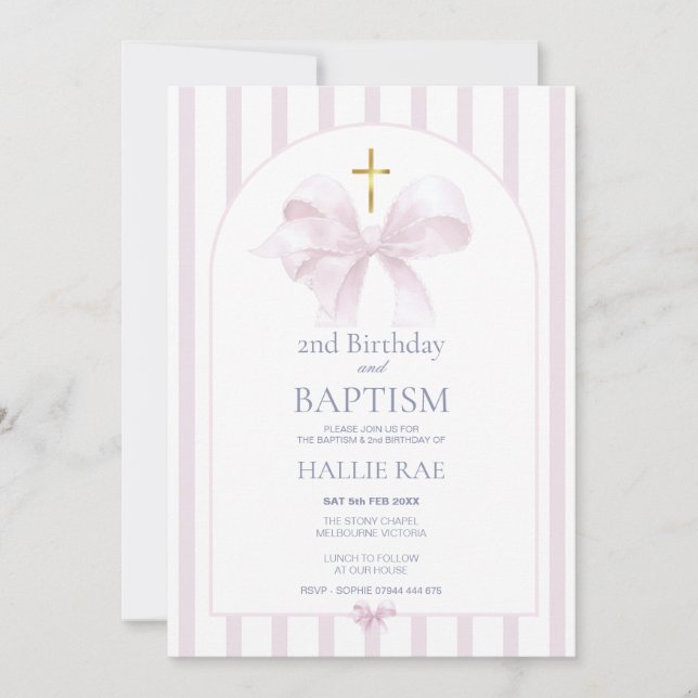Baptism & 2nd Birthday Invitation, Pink Bow Design Invitation (Front)