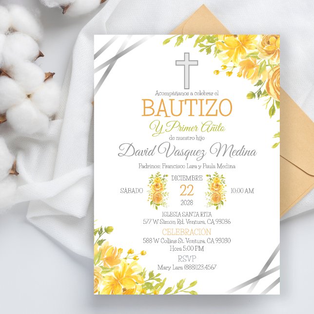 Baptism and 1st Birthday In Spanish Yellow Flowers Invitation (Creator Uploaded)
