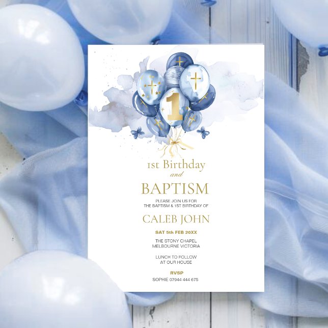 Baptism and 1st Birthday Navy Balloon Invitation (Creator Uploaded)