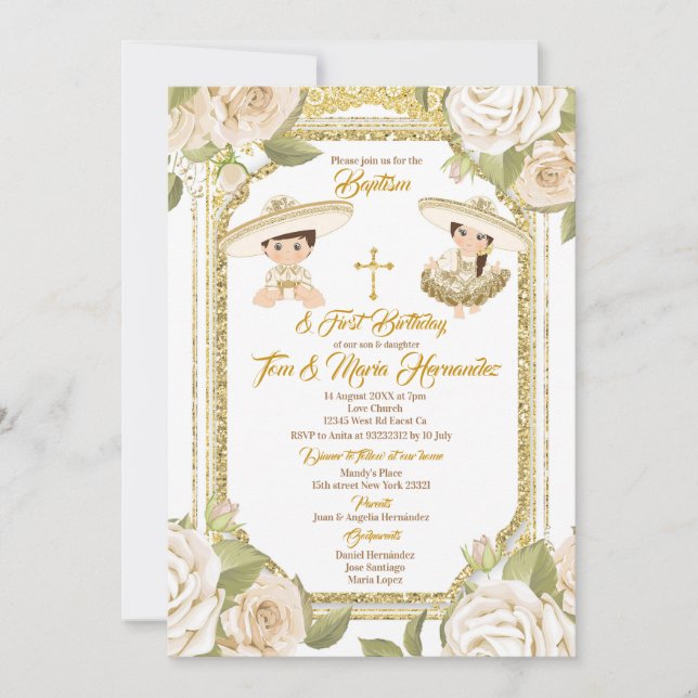 Baptism and Birthday White Floral Twin Boy Girl Invitation (Front)